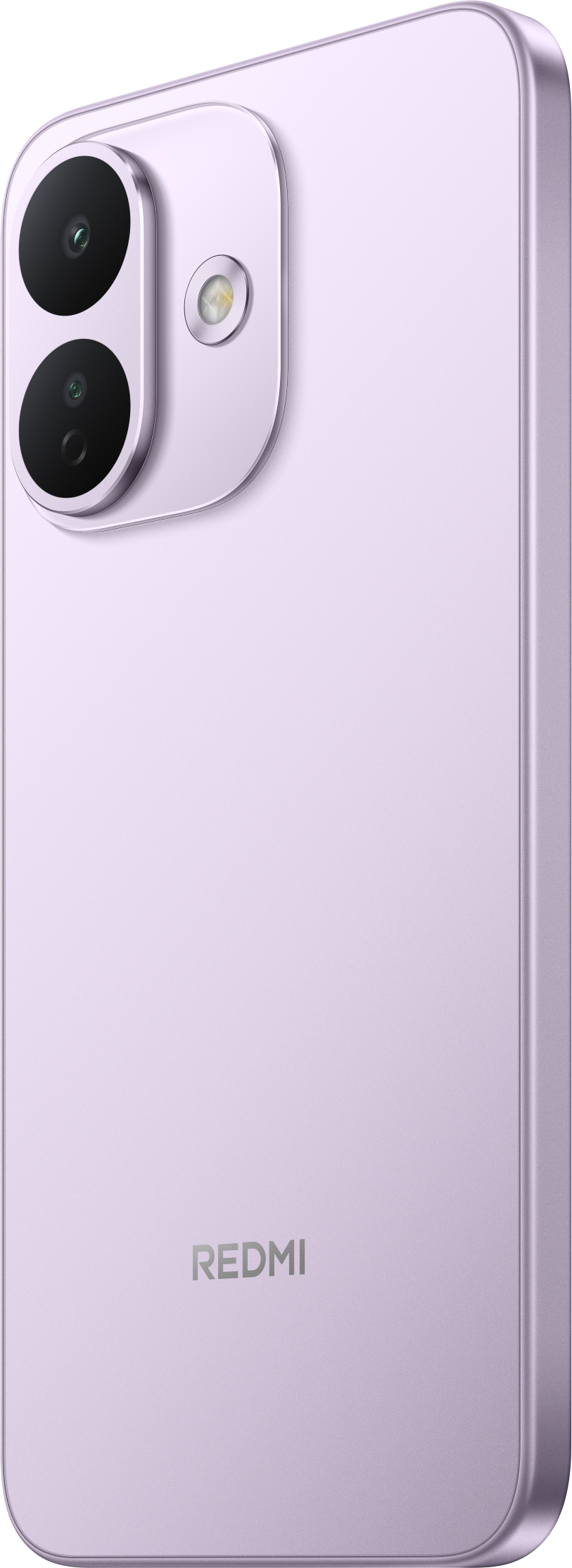 Rückseite eines hellvioletten Redmi-Smartphones mit vertikaler Dual-Kamera und silberner Aufschrift.