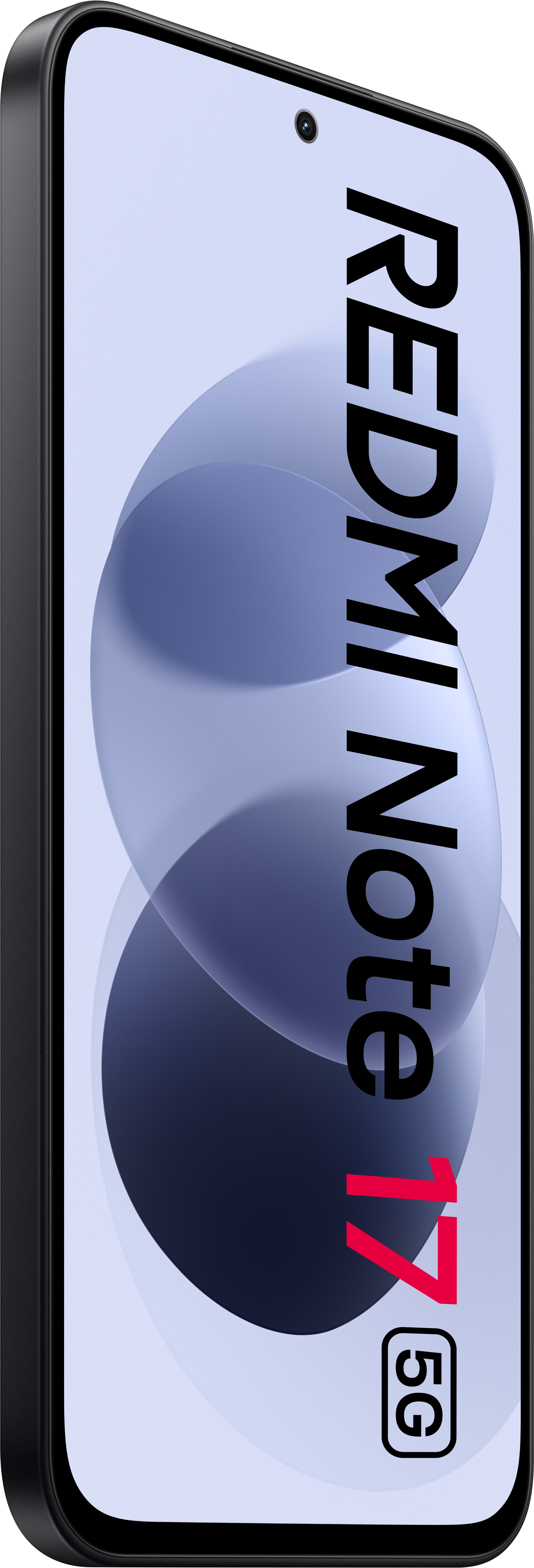 Schwarzes Smartphone mit hellblauer Anzeige, die vertikal den Text REDMI Note 17 5G zeigt.