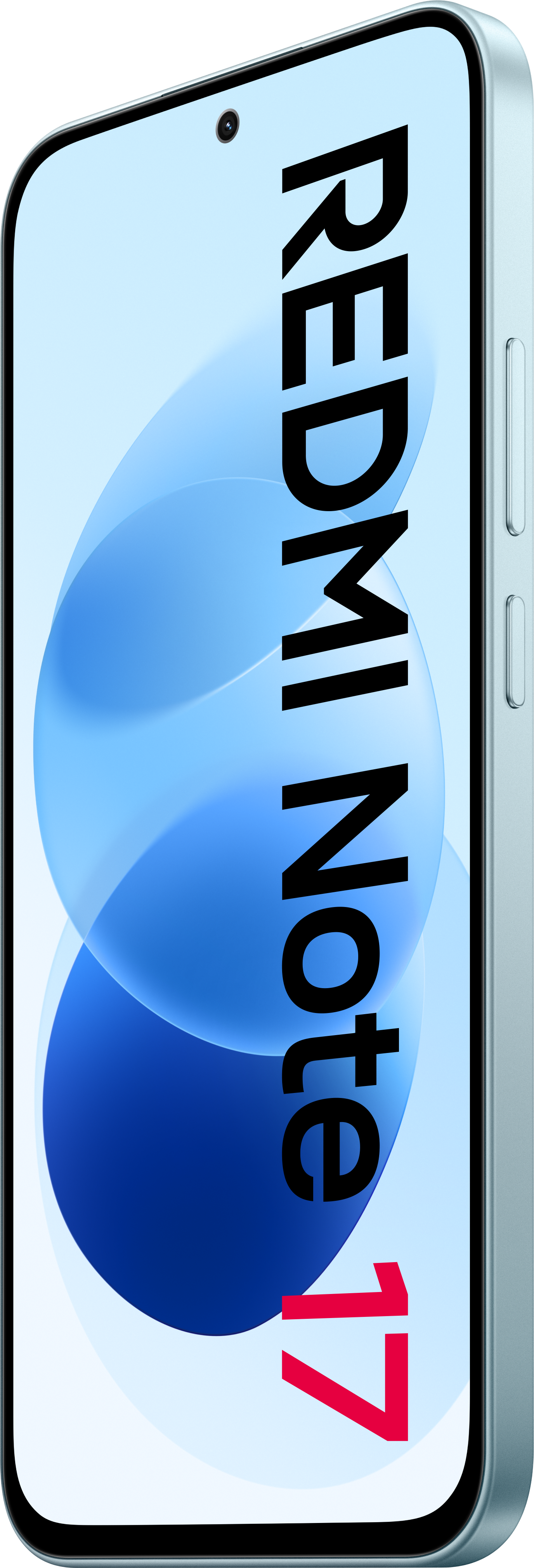 Ein Smartphone mit hellblauem Gehäuse zeigt ein Display mit der Aufschrift REDMI Note 17.