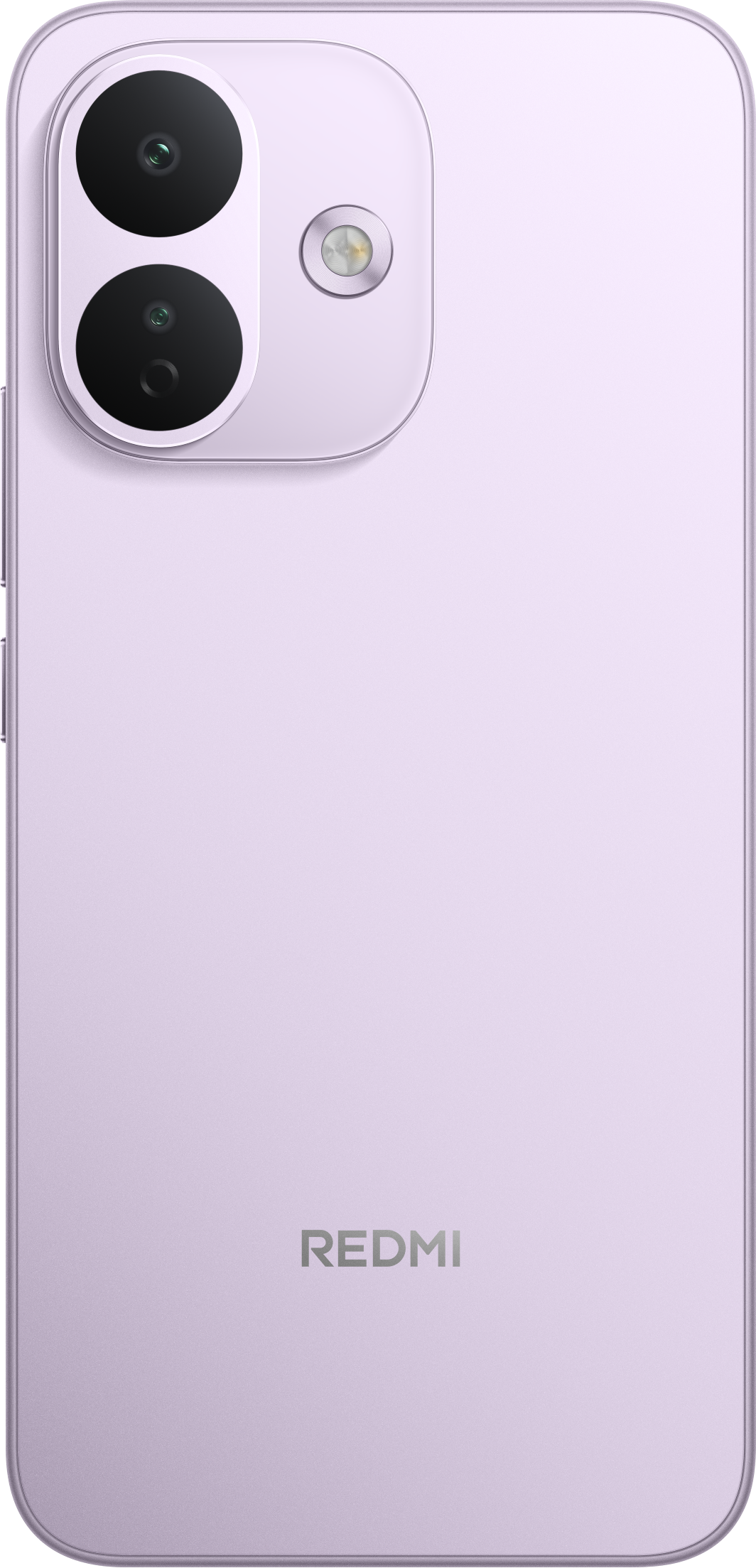 Rückseite eines hellvioletten Redmi-Smartphones mit zwei Kameras und Blitz.