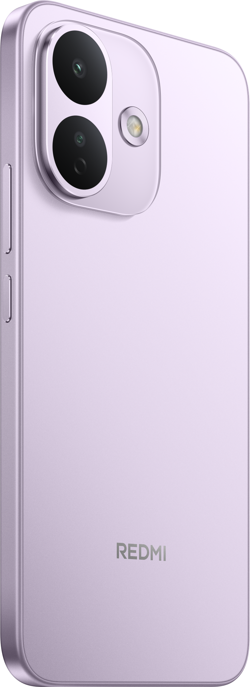 Rückseite eines hellvioletten Redmi-Smartphones mit zwei vertikalen Kameras oben links und dem Redmi-Logo unten.