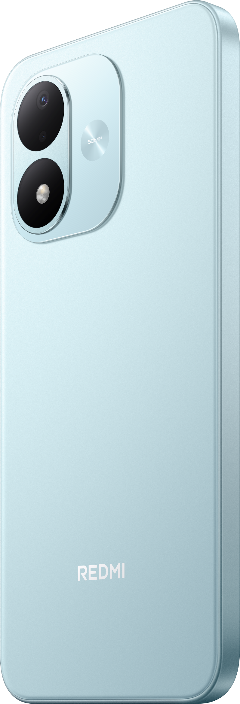 Rückseite eines hellblauen Redmi-Smartphones mit vertikaler Dual-Kamera und dem Redmi-Logo.