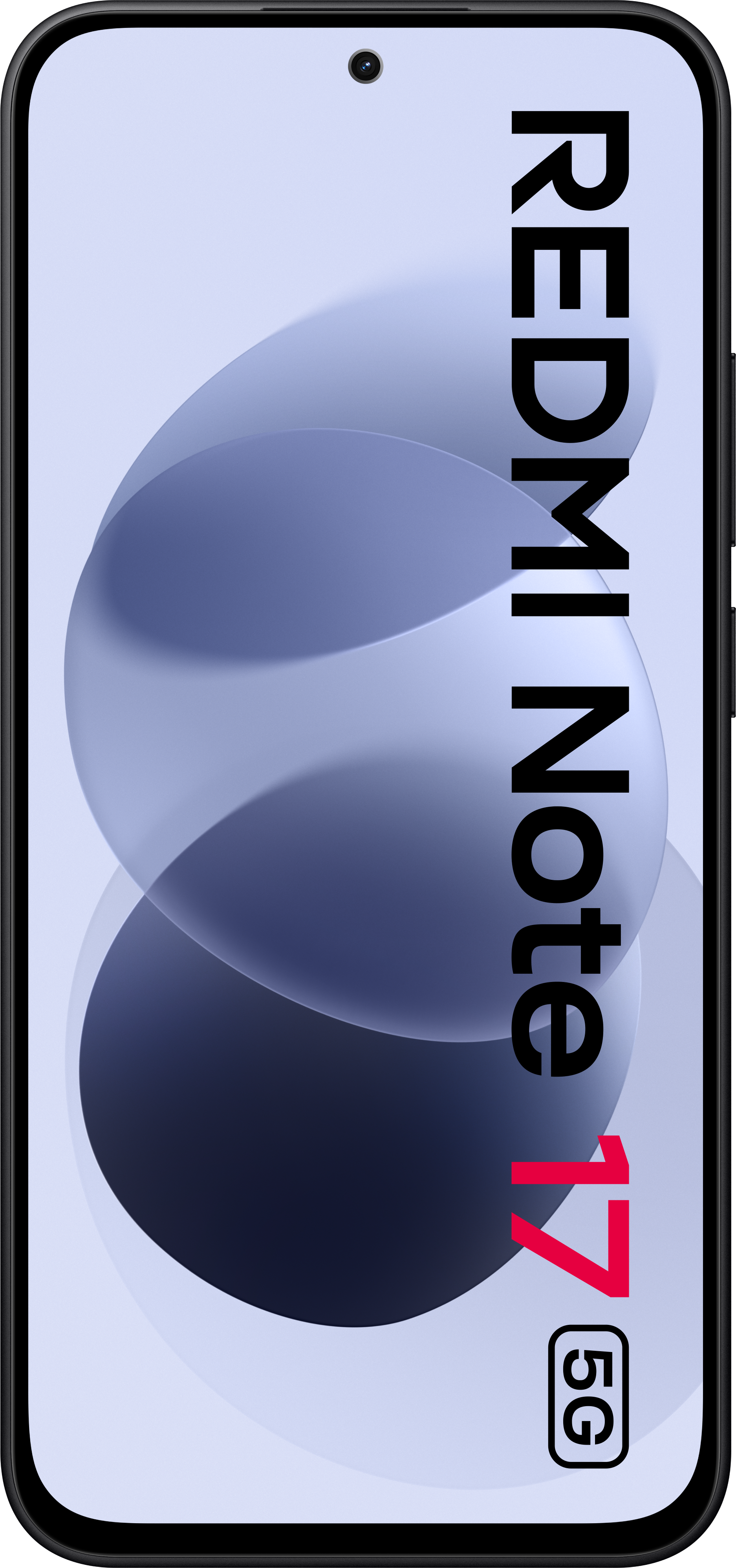 Frontansicht des Smartphones Redmi Note 17 5G mit dem Schriftzug auf dem Bildschirm vor einem hellen Hintergrund.