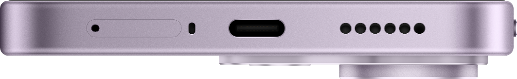 Die Unterseite eines lilafarbenen Smartphones zeigt SIM-Fach, USB-C-Anschluss und Lautsprecher.