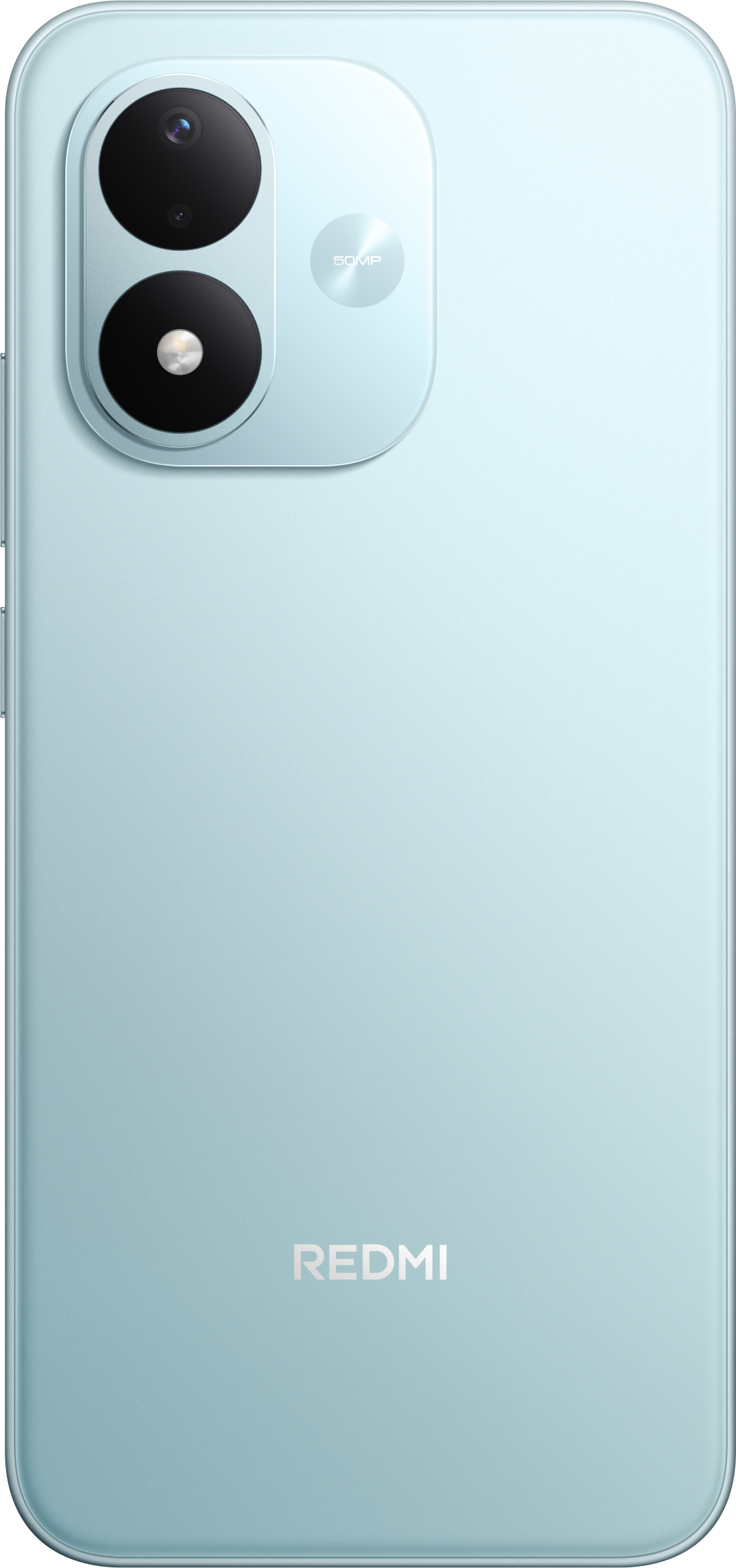 Hellblaue Rückseite eines Redmi-Smartphones mit Dual-Kamera und 50MP-Aufschrift.