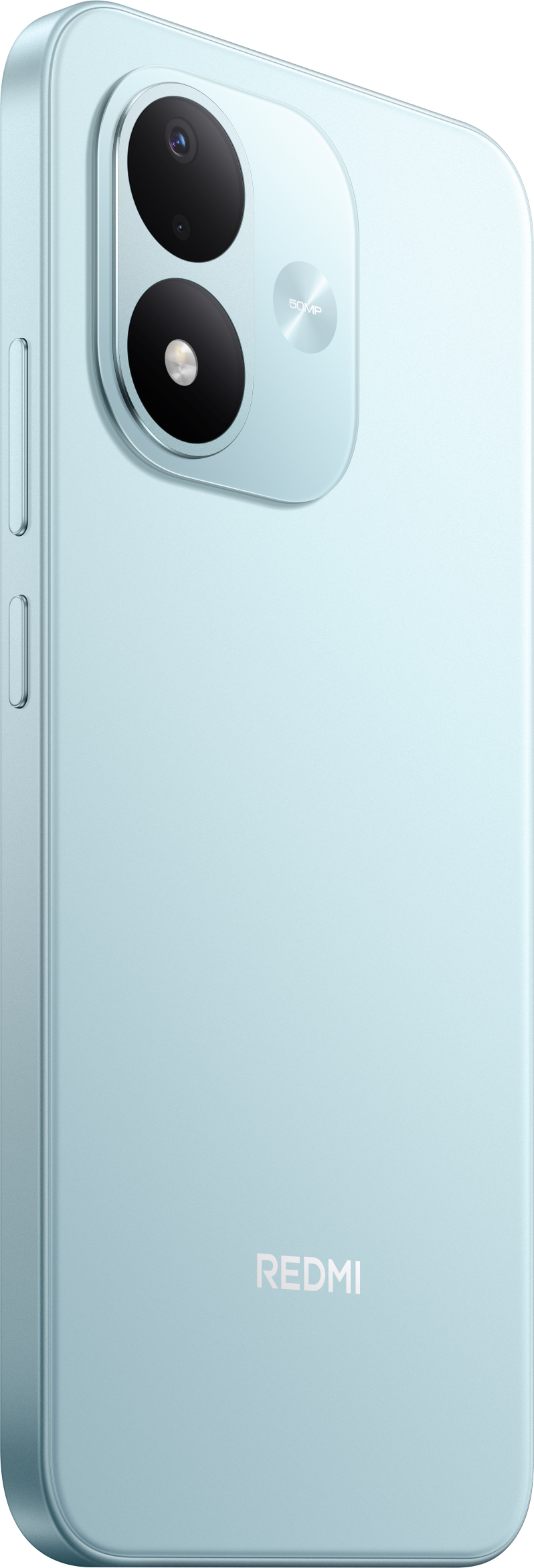 Rückseite eines hellblauen Redmi-Smartphones mit zwei vertikalen Kameras im oberen linken Bereich.