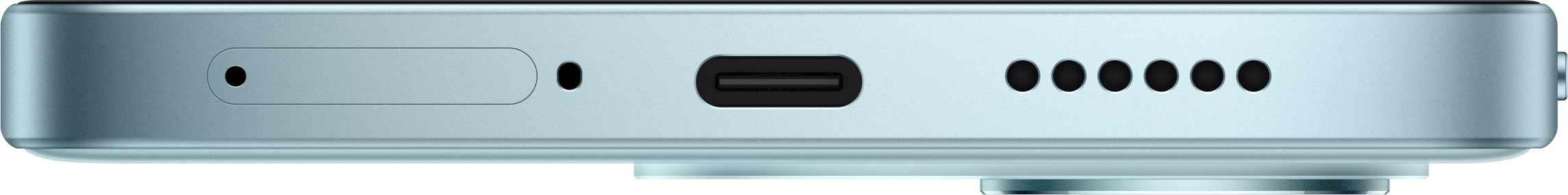 Unterseite eines Smartphones mit SIM-Fach, USB-C-Anschluss und Lautsprecheröffnungen.