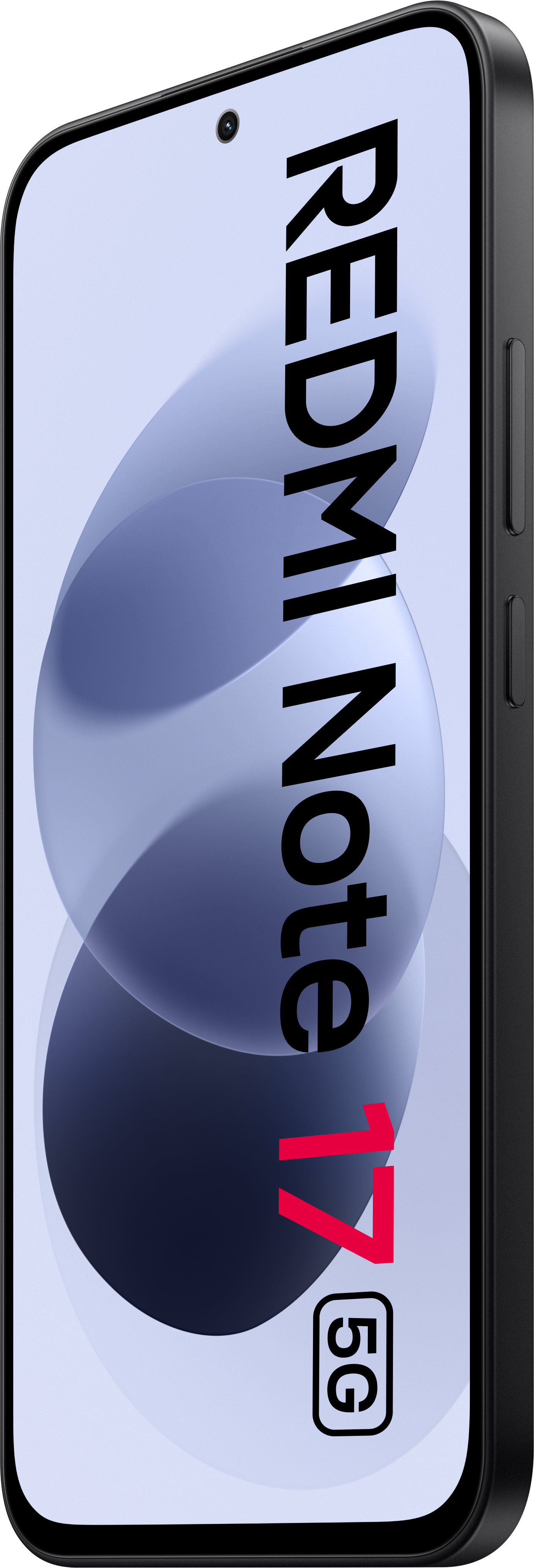 Ein schwarzes Smartphone mit dem Text Redmi Note 17 5G auf dem hellen Bildschirm.