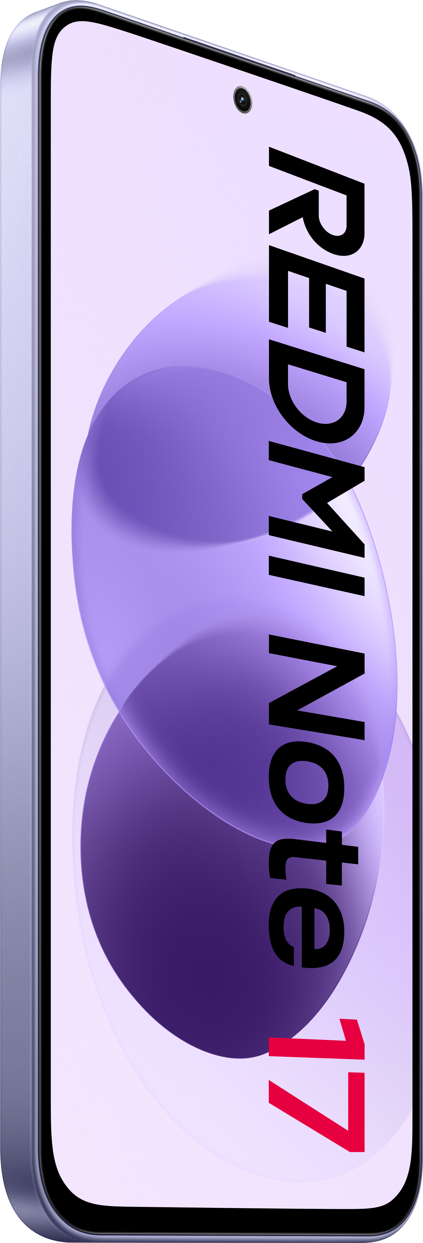 Ein hellviolettes Smartphone zeigt einen Bildschirm mit violetten Blasen und dem vertikalen Text Redmi Note 17.