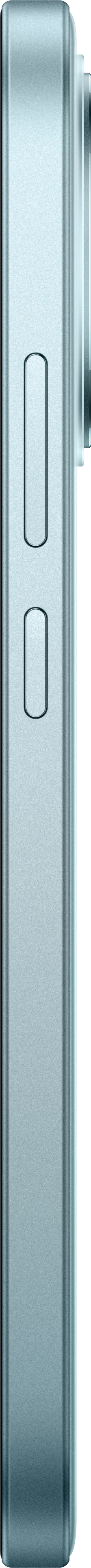 Seitenansicht eines hellblauen Smartphones mit zwei länglichen Lautstärketasten vor schwarzem Hintergrund.