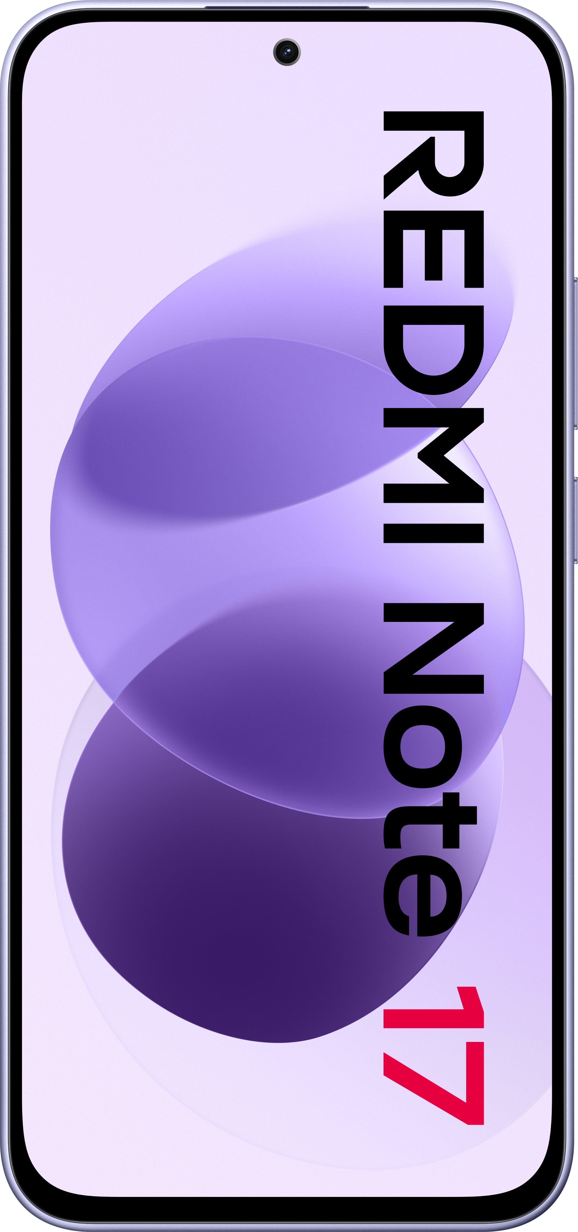 Smartphone mit dem Text REDMI Note 17 auf dem hellvioletten Bildschirm mit abstrakten Formen.