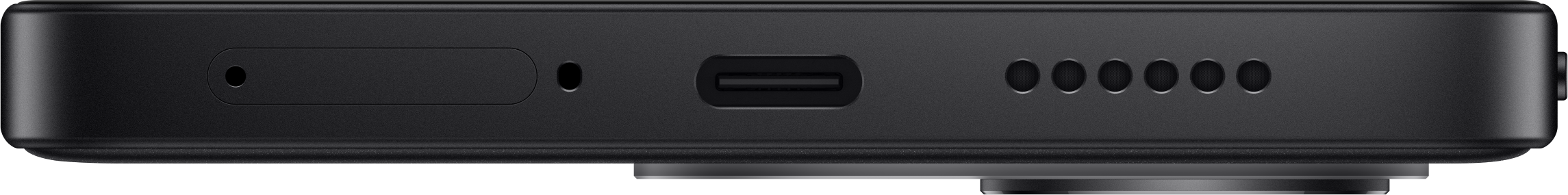 Unterseite eines schwarzen Smartphones mit SIM-Kartenfach, USB-C-Anschluss und Lautsprecheröffnungen.