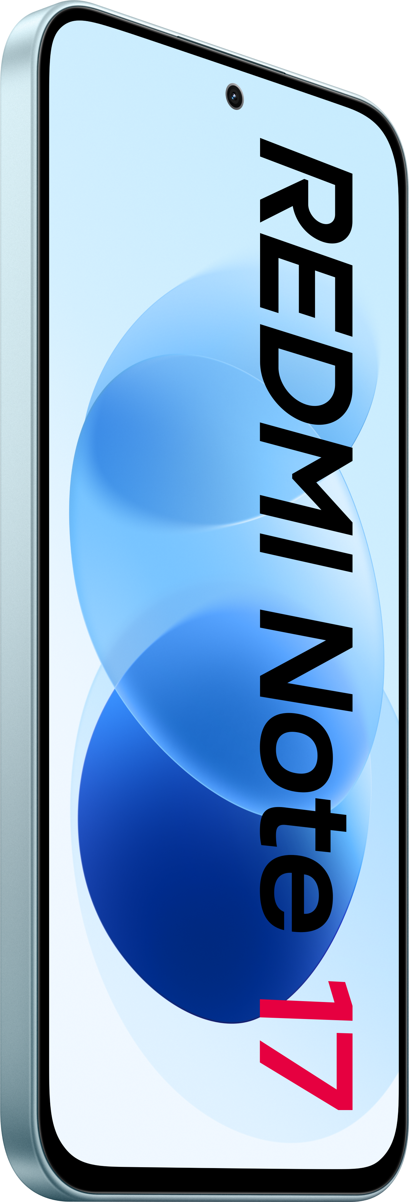 Smartphone mit dem Text 'REDMI Note 17' auf dem blauen Bildschirm und einer kleinen Frontkamera.