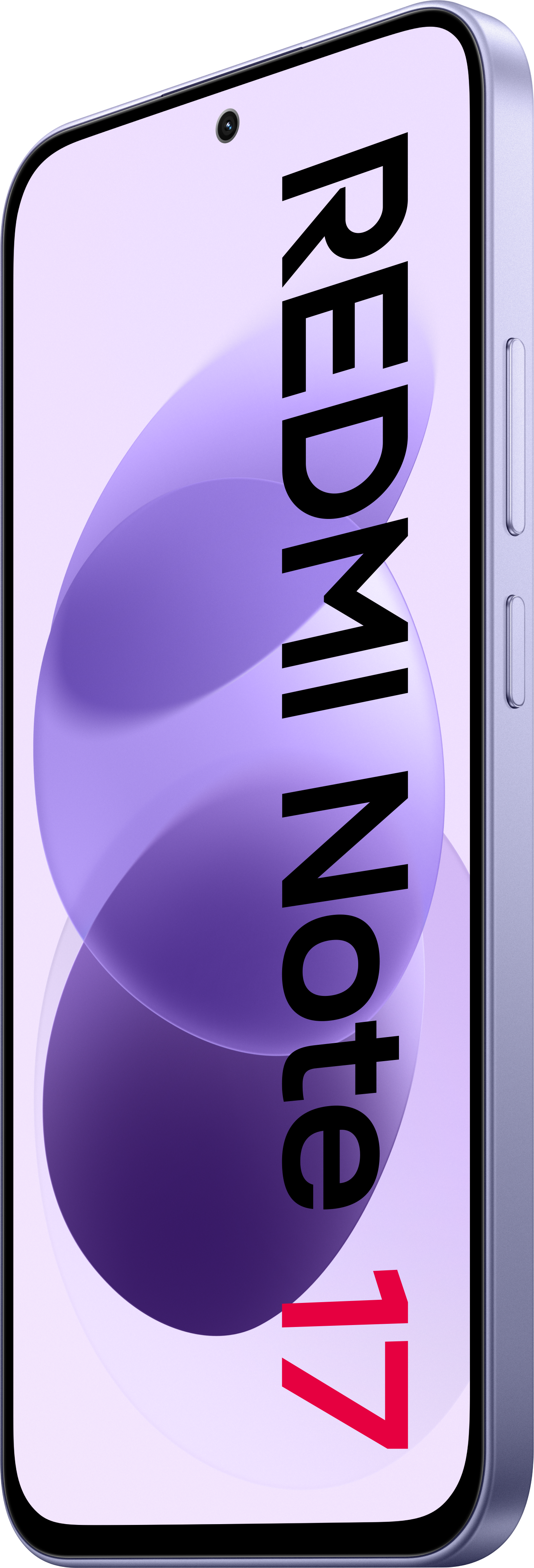 Ein lilafarbenes Redmi Note 17 Smartphone mit Text auf dem Display.