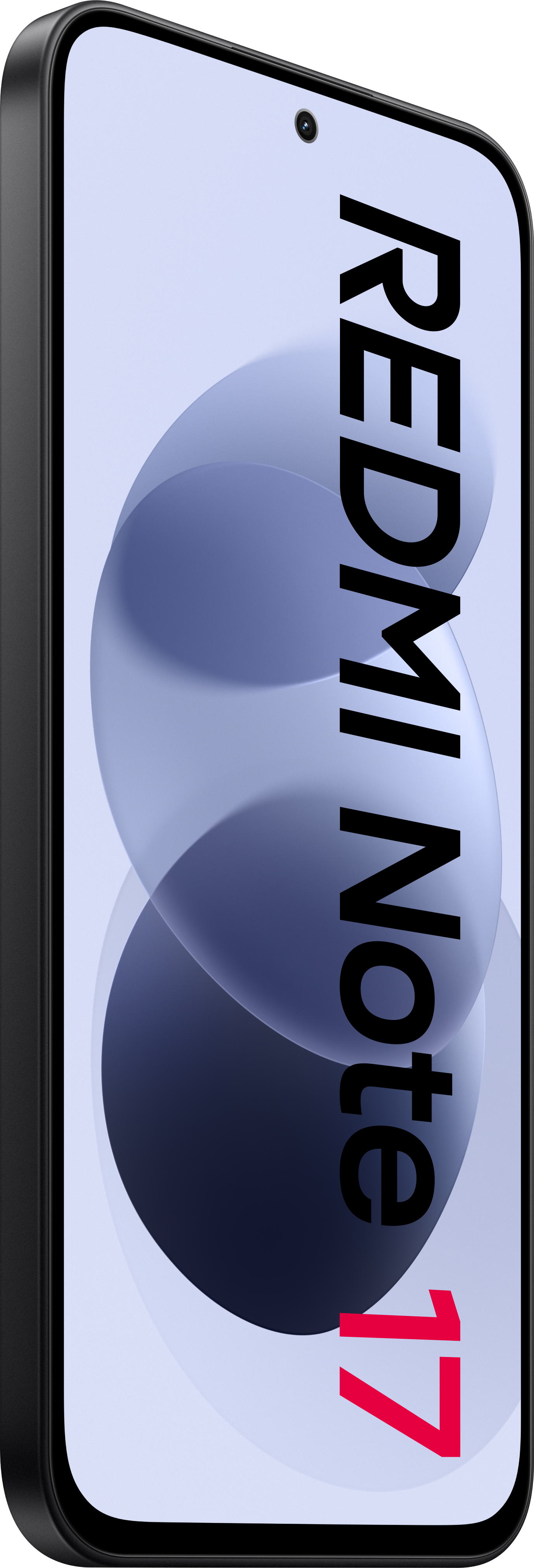 Smartphone mit der Aufschrift REDMI Note 17 auf dem Display und schwarzem Rand vor schwarzem Hintergrund.