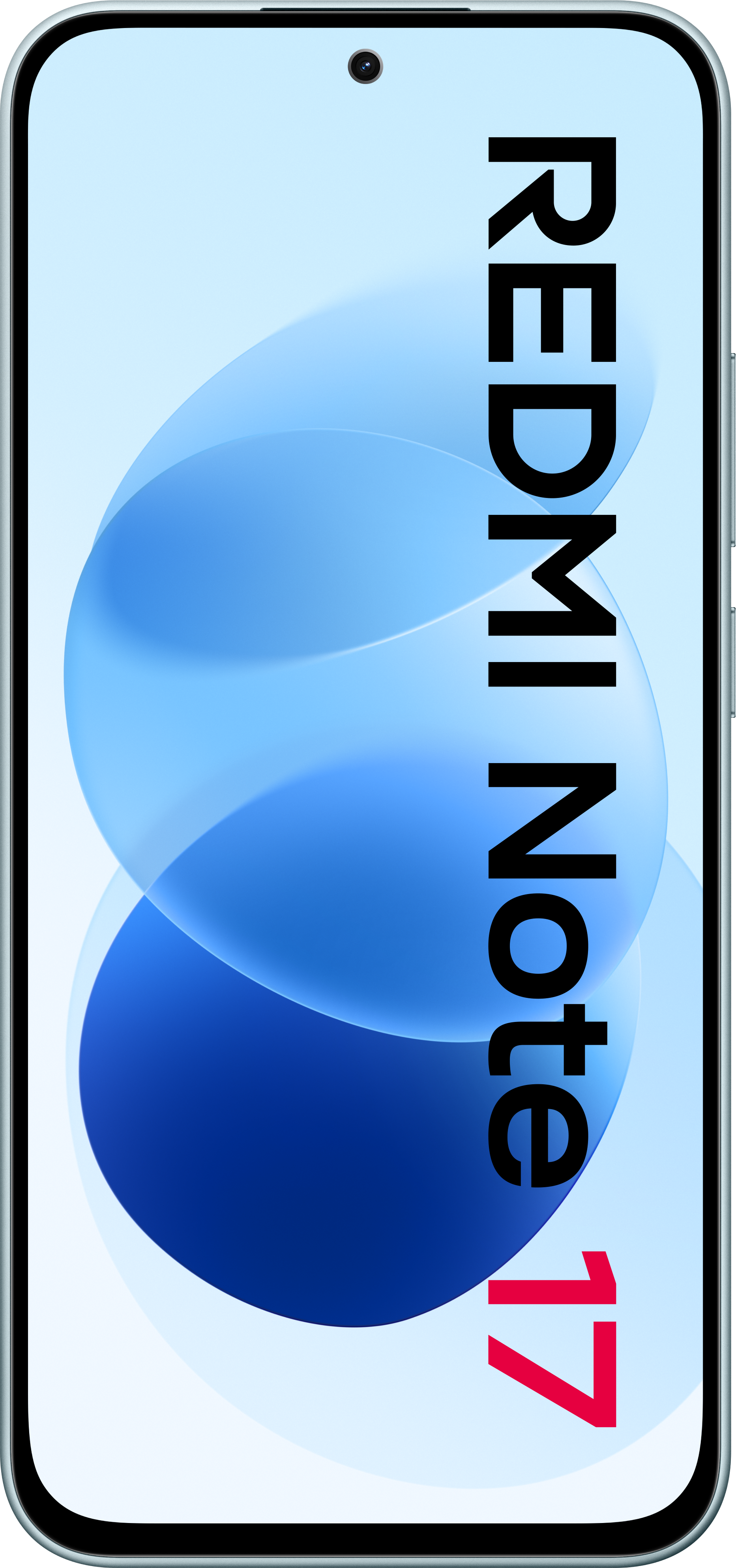 Smartphone mit blauem Hintergrund und schwarzem Redmi Note 17 Text.