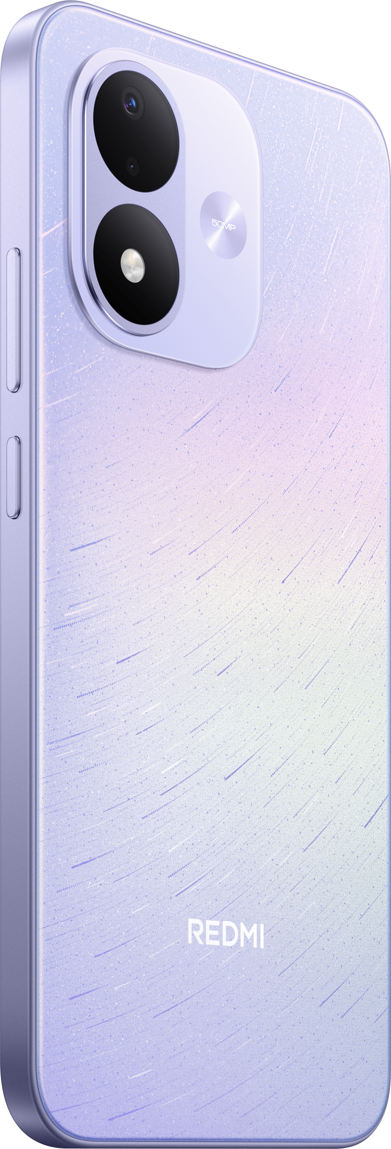 Rückseite eines violetten Redmi-Smartphones mit zwei Kameras und feinem Sternenhimmel-Muster.
