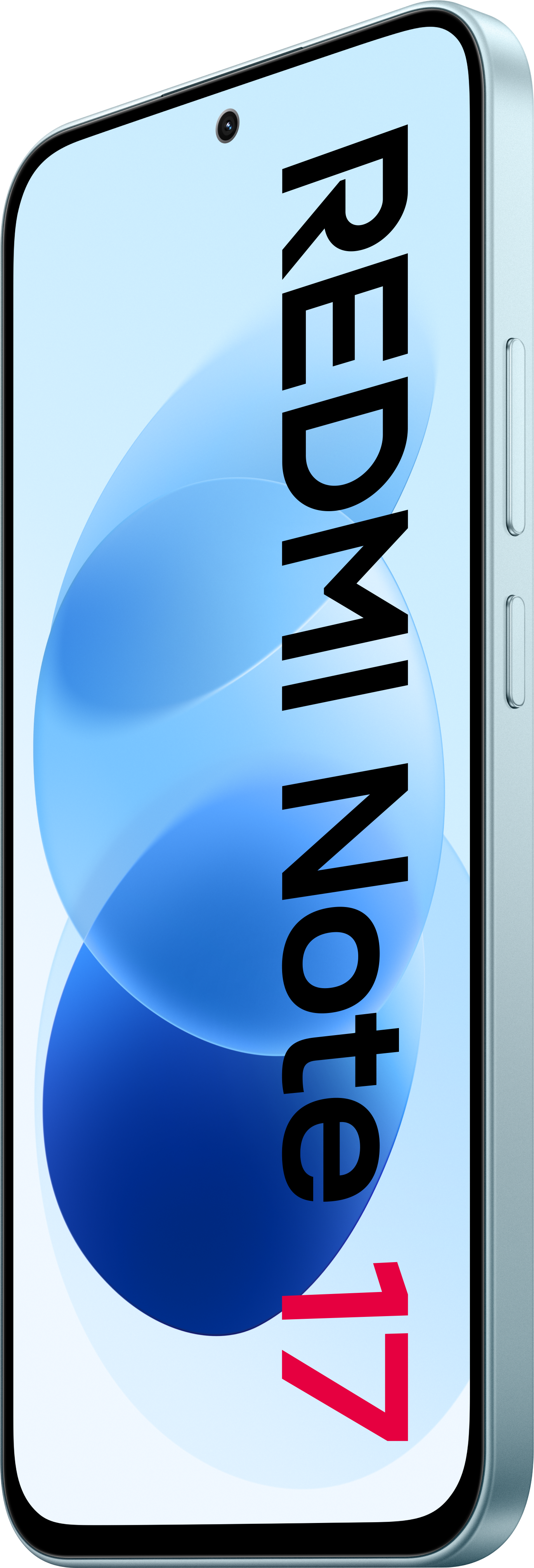 Ein hellblaues Redmi Note Smartphone mit weißem Display und der Aufschrift Redmi Note 17.