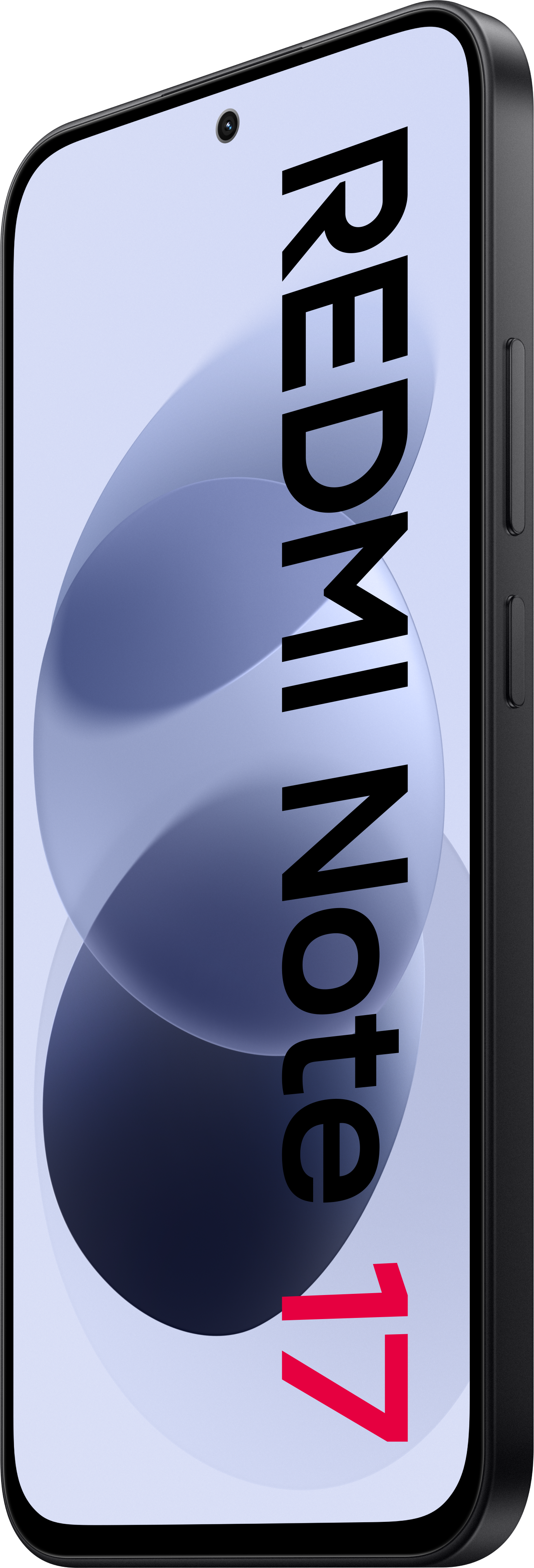 Ein schwarzes Smartphone zeigt Redmi Note 17 auf dem Bildschirm vor schwarzem Hintergrund.