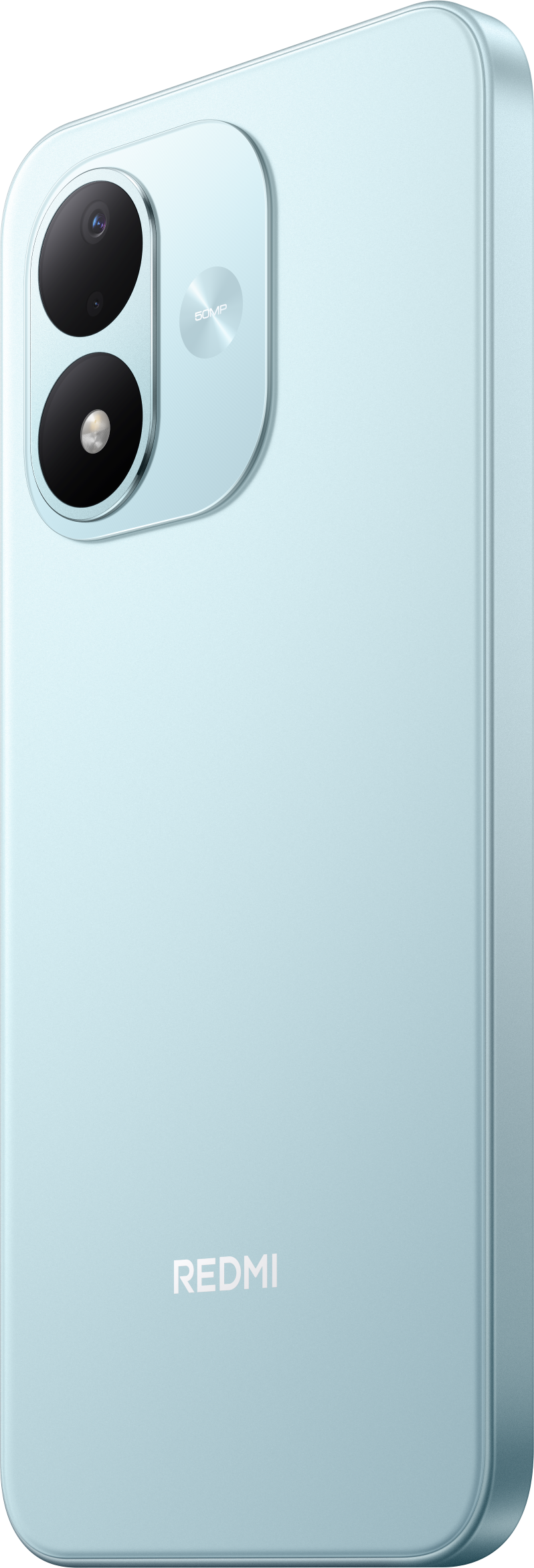 Die Rückseite eines hellblauen Redmi-Smartphones mit zwei vertikal angeordneten Kameras und der Aufschrift REDMI.
