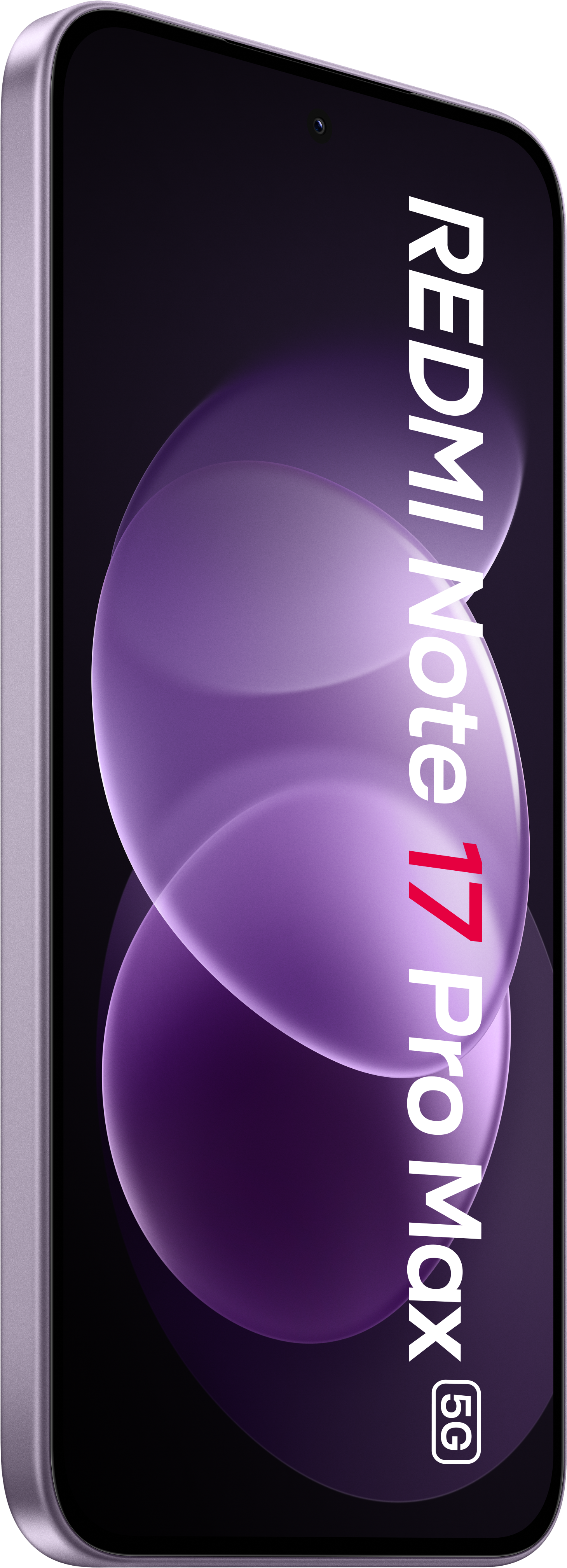 Ein Smartphone zeigt auf dem Display das weiße und rote Logo Redmi Note 17 Pro Max 5G über violetten Blasen.