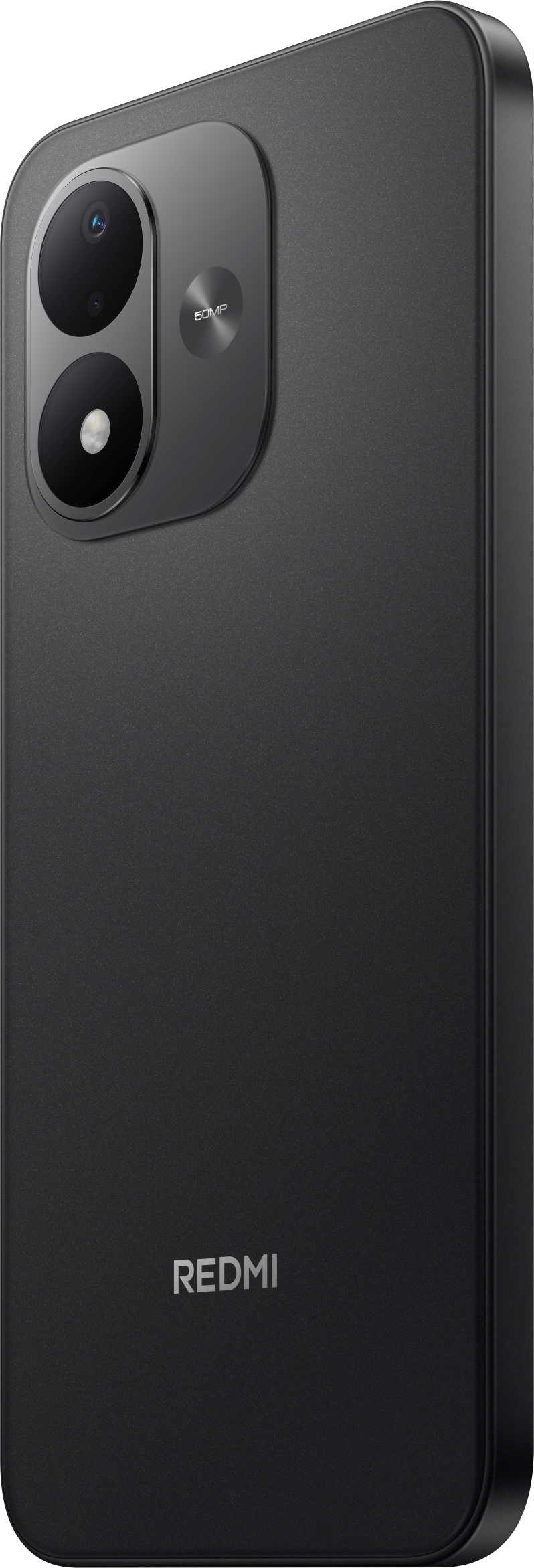Rückseite eines schwarzen Redmi-Smartphones mit vertikal angeordneter Dual-Kamera und 50MP-Aufschrift.