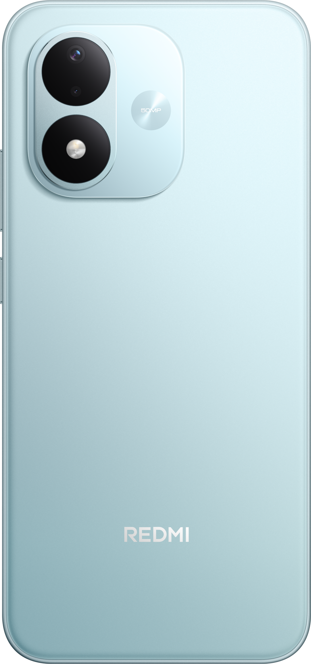 Rückseite eines hellblauen Redmi-Smartphones mit zwei vertikalen Kameras oben links und Redmi-Logo unten.