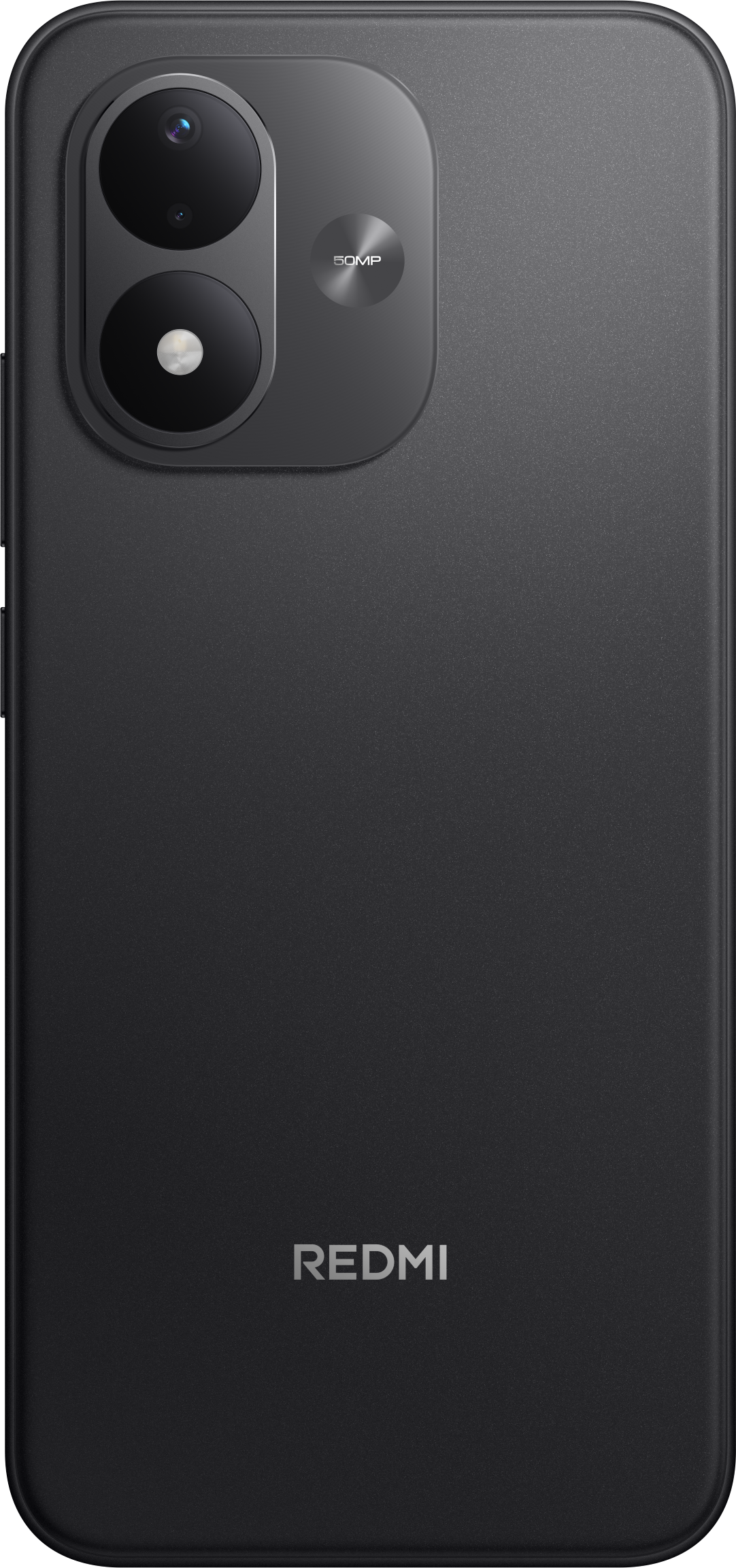 Rückseite eines schwarzen Redmi-Smartphones mit vertikaler Dualkamera und 50MP-Aufschrift.
