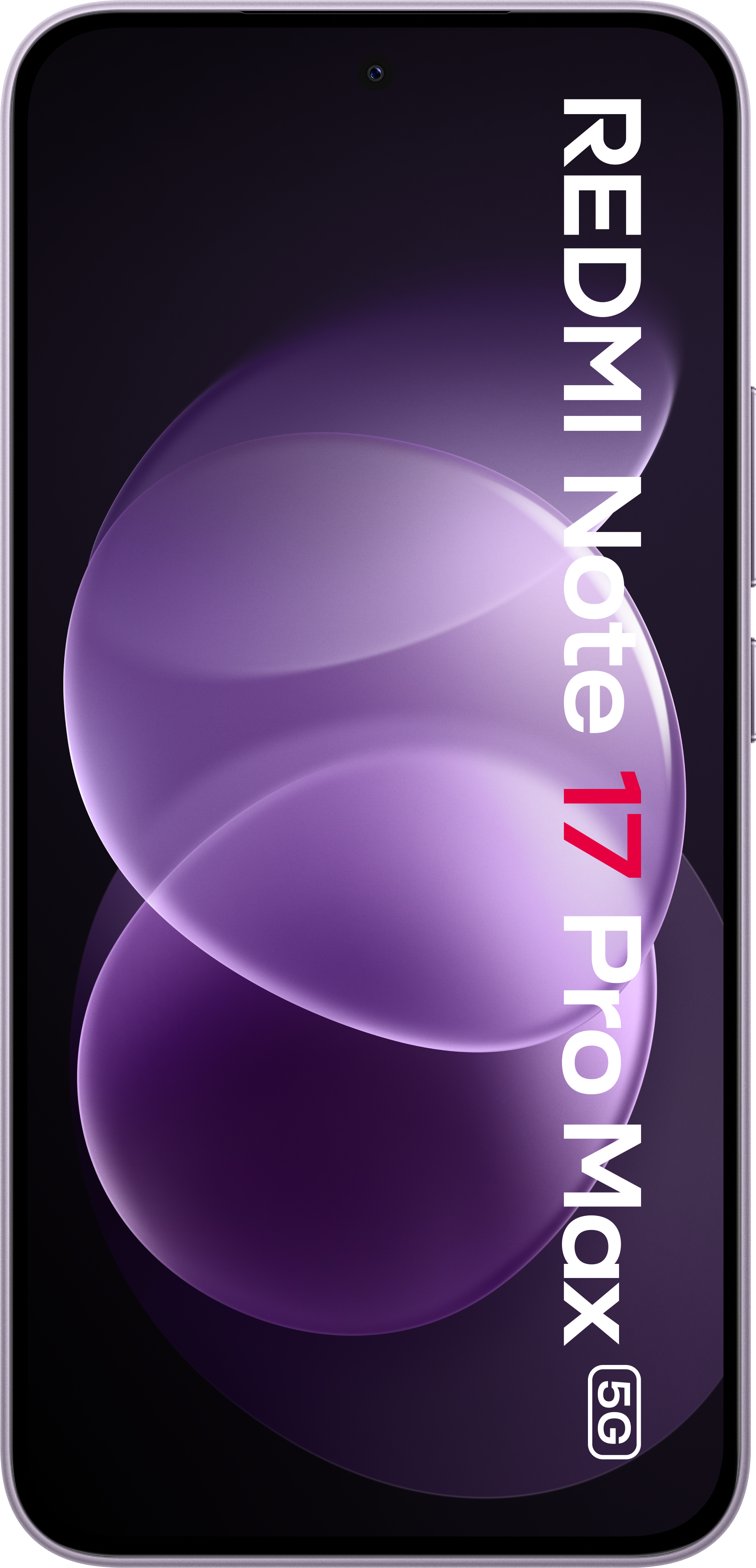 Ein violettes Smartphone zeigt ein Hintergrundbild mit Kreisen und den Text REDMI Note 17 Pro Max 5G.