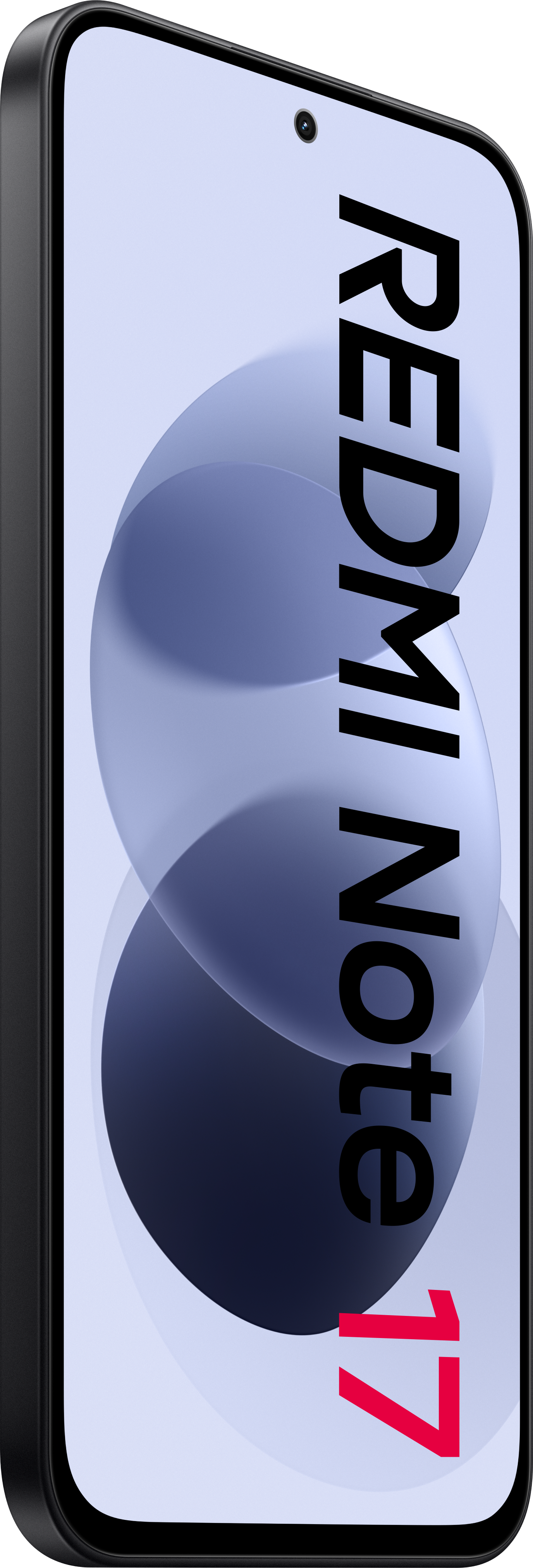 Ein schwarzes Redmi Note Smartphone zeigt den Schriftzug auf dem Bildschirm.