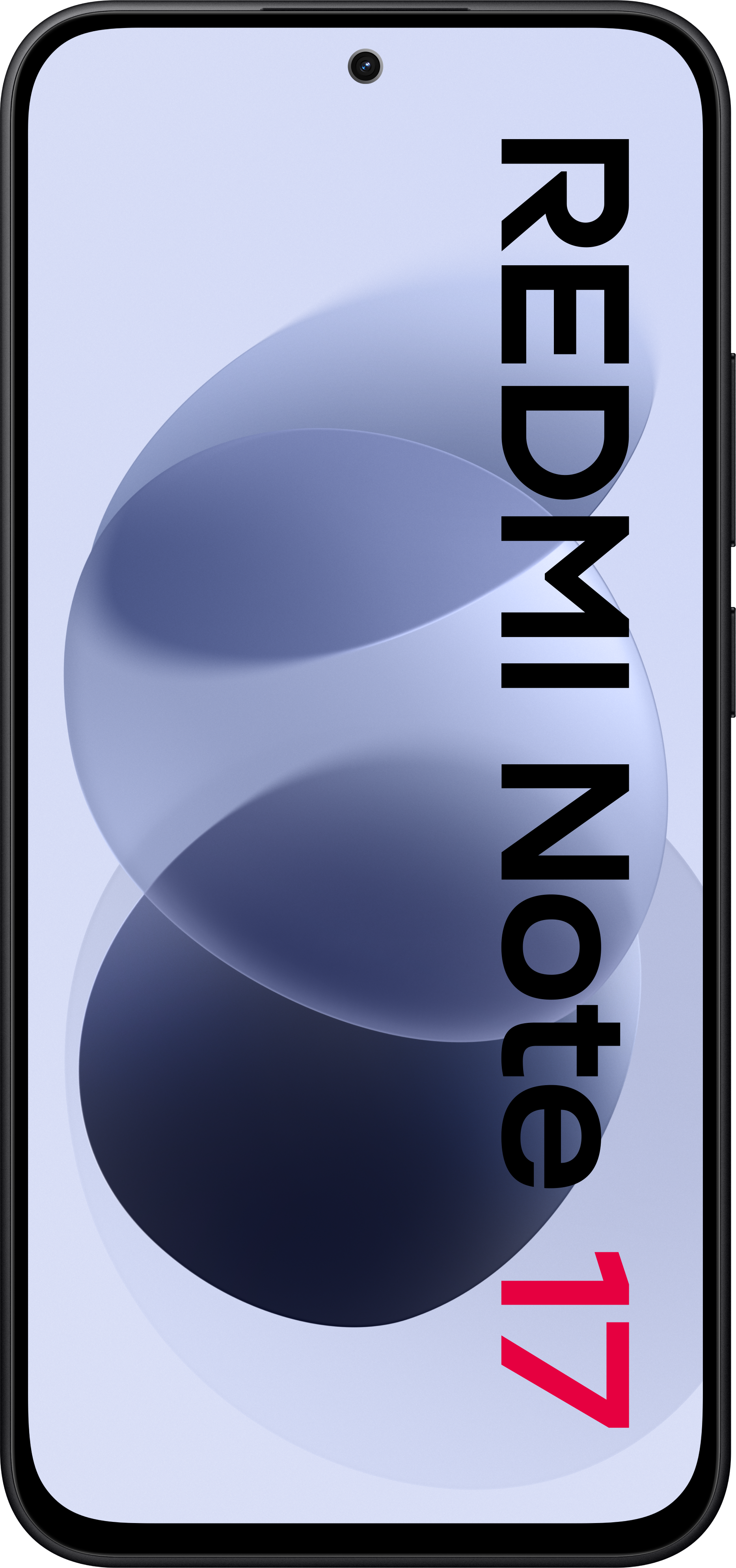 Ein schwarzes Smartphone mit dem Text Redmi Note 17 auf dem blauen Hintergrund des Displays.