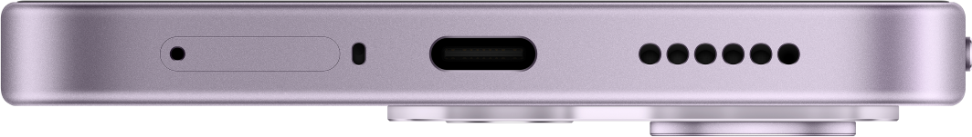 Unterseite eines lilafarbenen Smartphones mit SIM-Schacht, USB-C-Anschluss und Lautsprecheröffnungen.