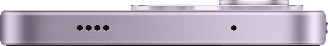 Die Unterseite eines lila Smartphones zeigt Lautsprecheröffnungen und ein Mikrofon.