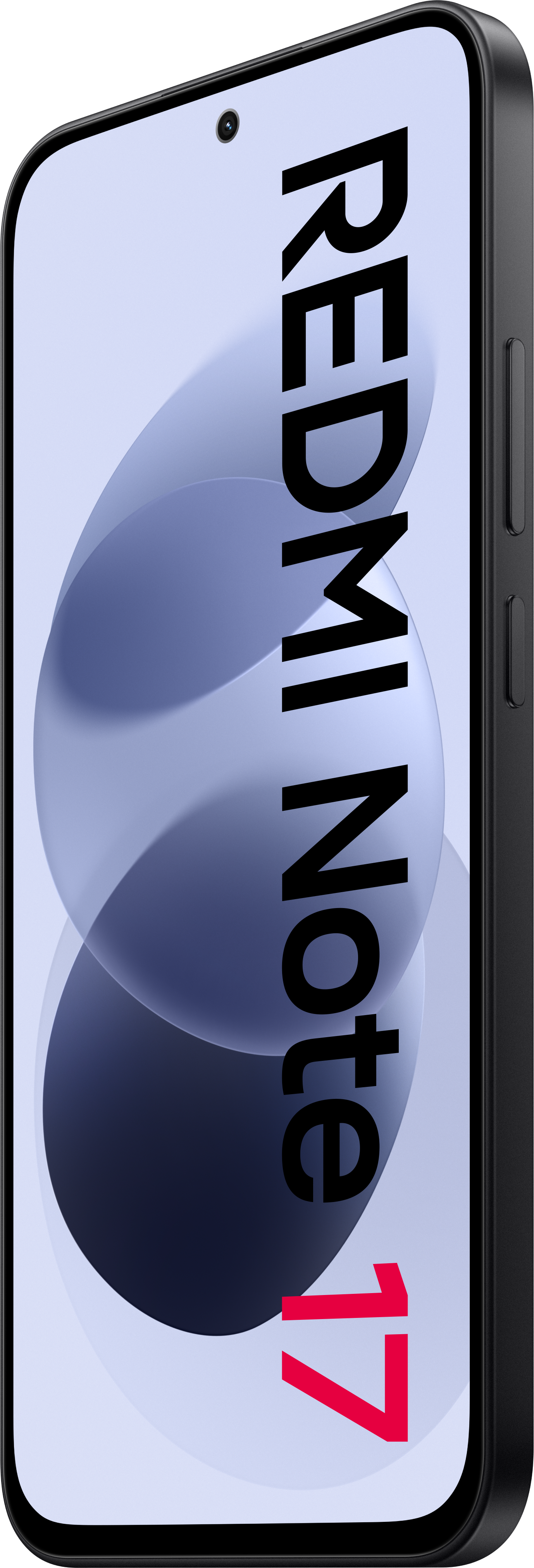 Ein schwarzes Redmi Note 17 Smartphone zeigt ein vertikales Markenlogo auf dem Bildschirm.