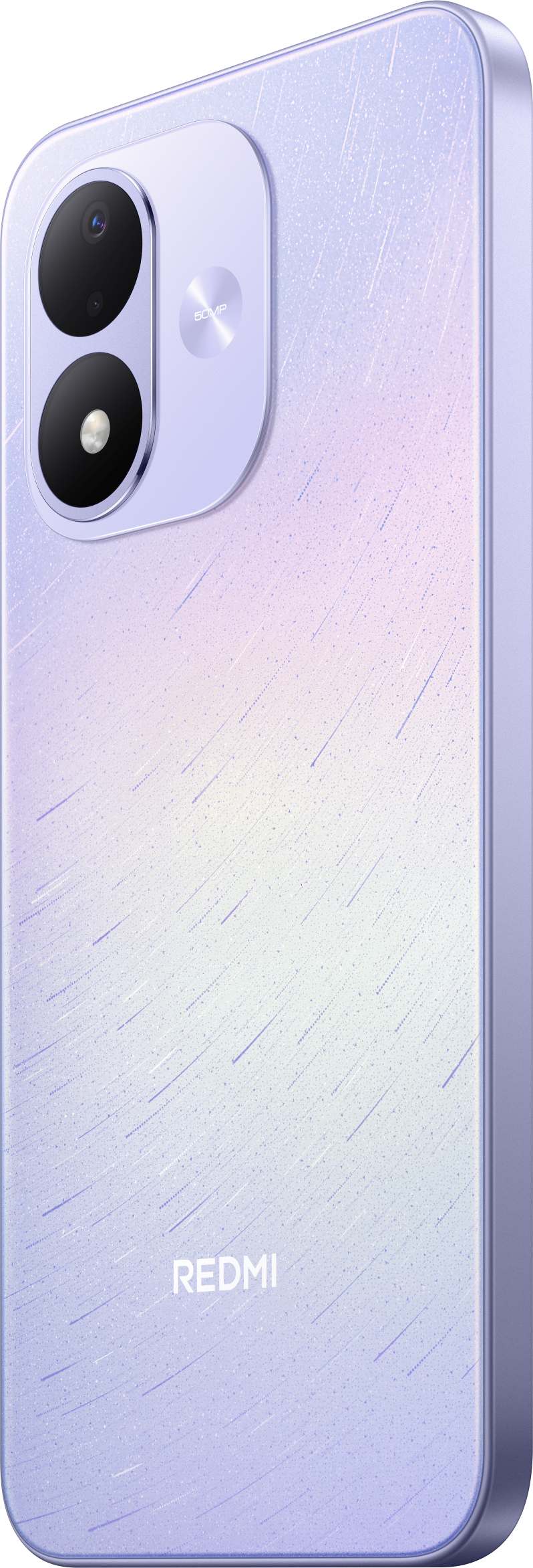 Rückseite eines hellvioletten Smartphones mit zwei Kameras und dem Redmi-Logo unten.