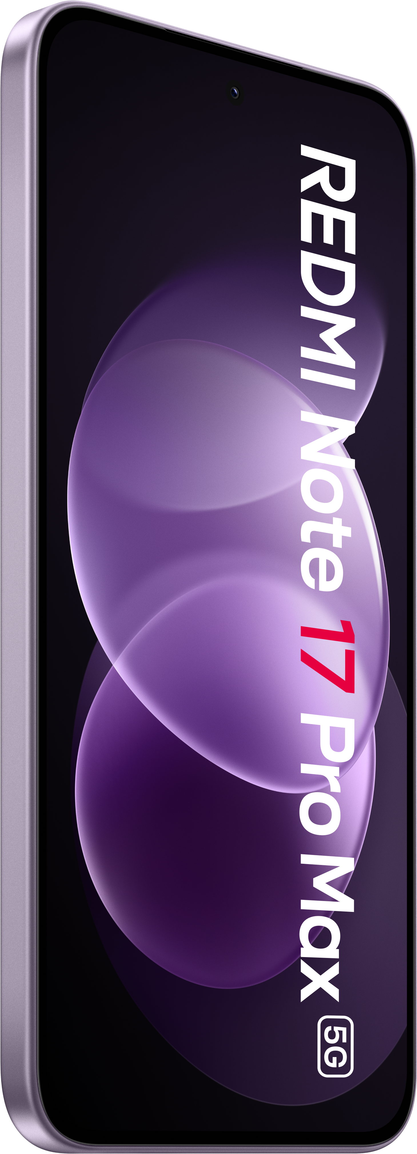 Ein violettes Redmi Note 17 Pro Max 5G Smartphone auf schwarzem Hintergrund mit lila abgerundeten Formen auf dem Display.