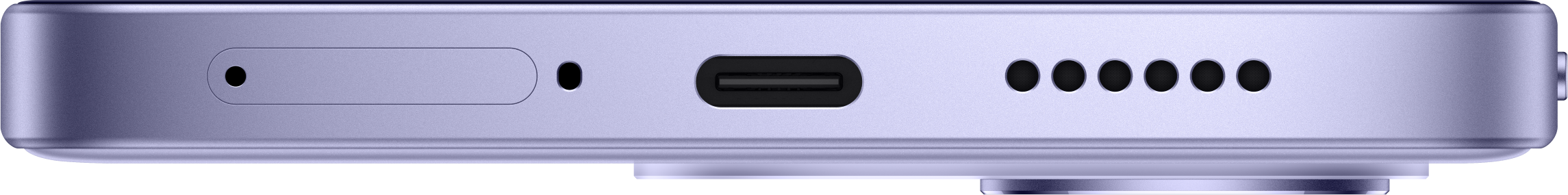 Unterseite eines lilafarbenen Smartphones mit SIM-Schacht, USB-C-Anschluss und Lautsprecheröffnungen.