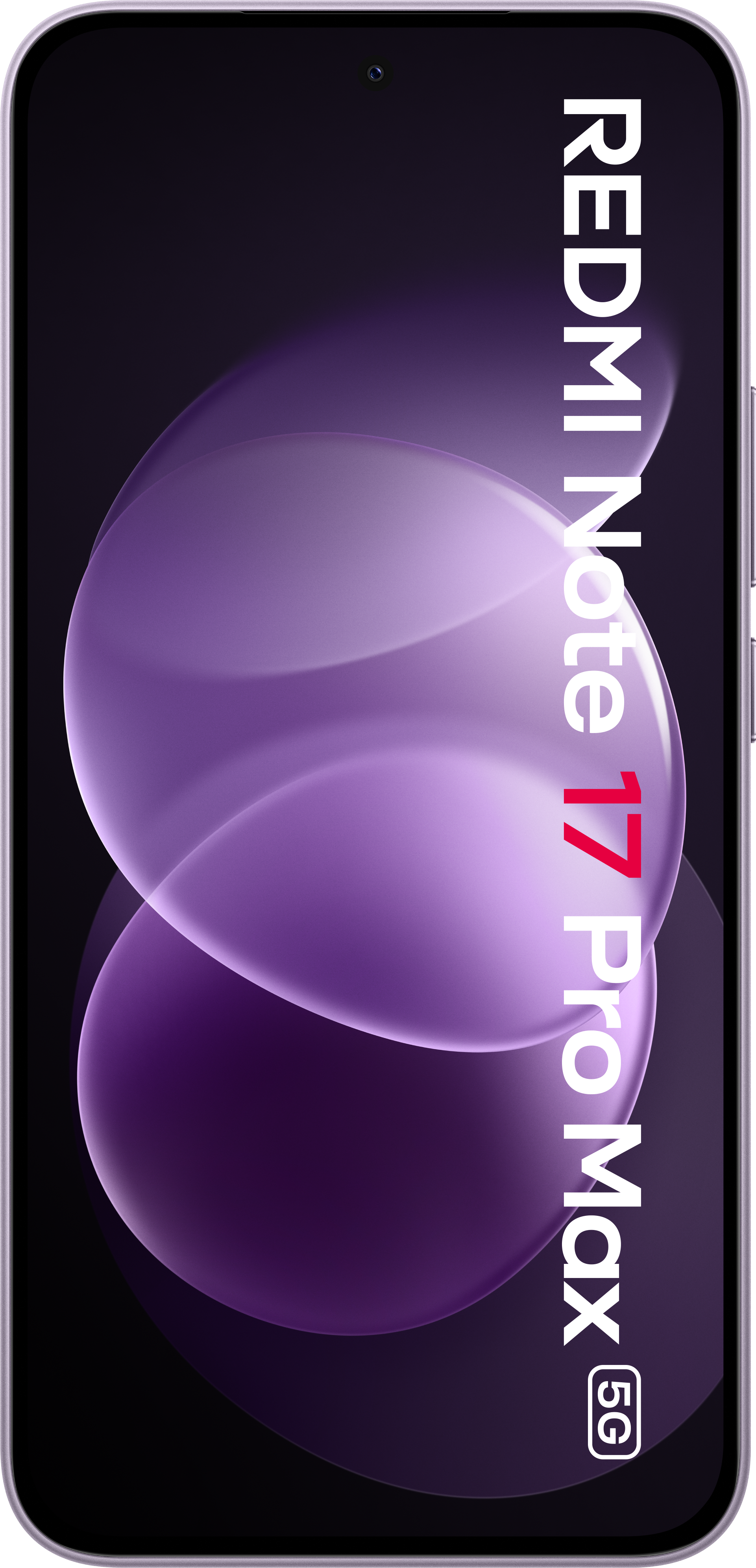 Ein Smartphone zeigt ein lila Hintergrundbild mit großen transparenten Kugeln und den Text Redmi Note 17 Pro Max 5G.