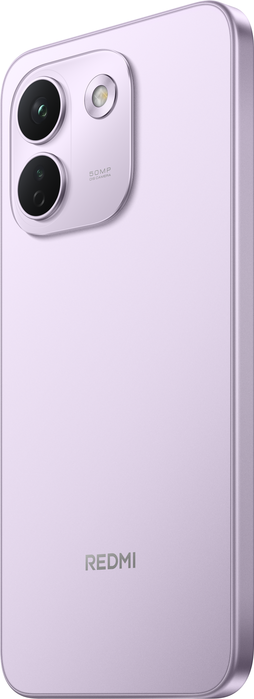Rückseite eines helllila Redmi-Smartphones mit vertikaler Dualkamera und 50MP-Aufschrift.