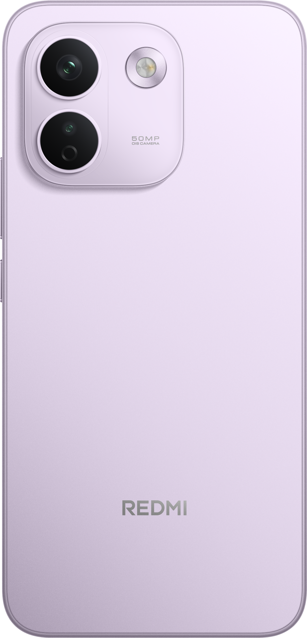 Rückseite eines helllila Redmi-Smartphones mit Dual-Kamera und Markenlogo unten.