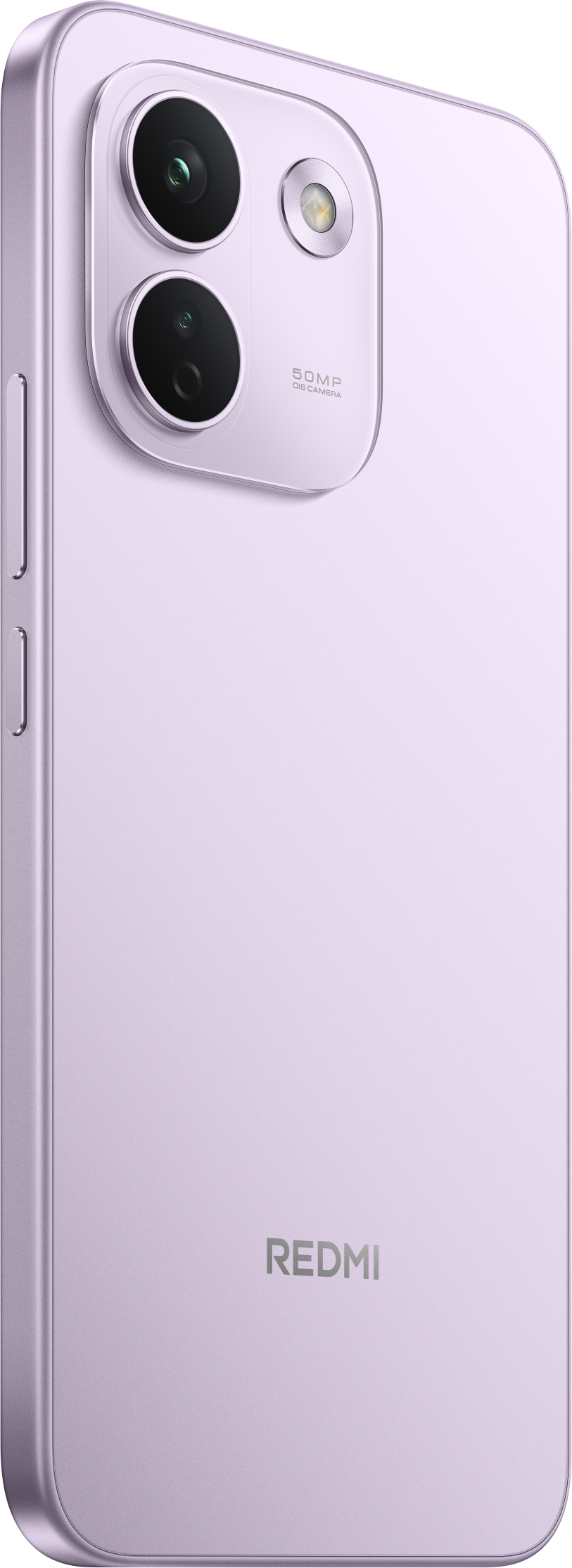 Rückseite eines hellvioletten Redmi-Smartphones mit zwei vertikalen Kameras und dem Redmi-Logo unten.