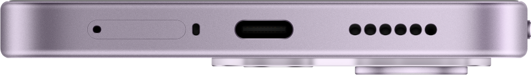 Die Unterseite eines violetten Smartphones zeigt einen SIM-Schacht, einen USB-C-Anschluss und Lautsprecherlöcher.