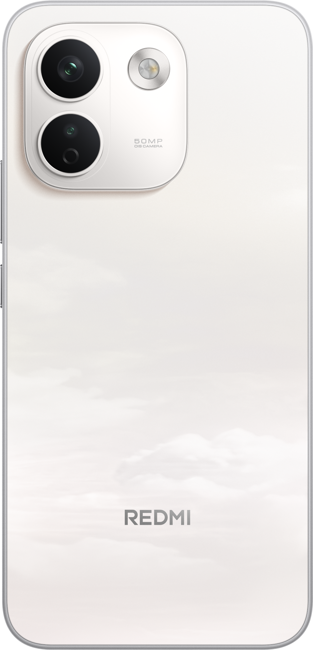 Rückseite eines weißen Redmi-Smartphones mit zwei vertikalen Kameras oben links und dem Redmi-Logo unten.