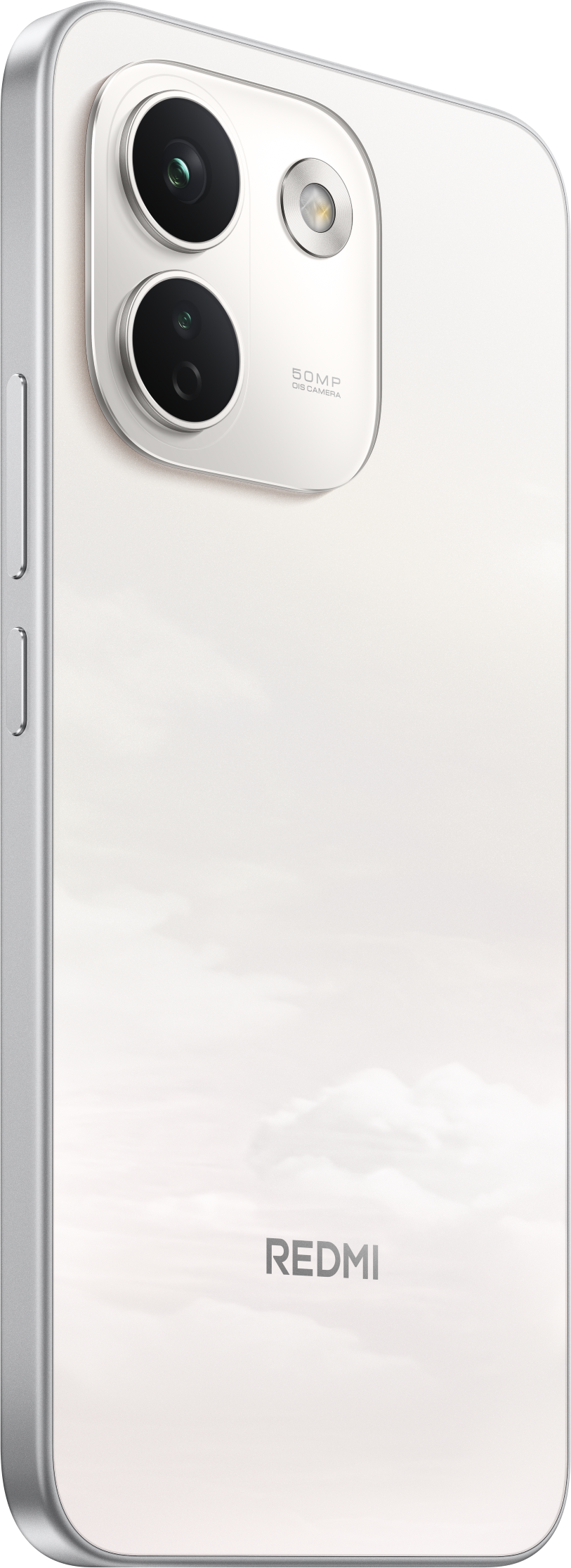 Rückseite eines weißen Redmi-Smartphones mit zwei Kameras und dem REDMI-Logo.