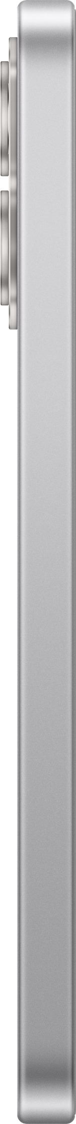Seitenansicht eines silbernen Smartphones mit Kameramodul auf schwarzem Hintergrund.