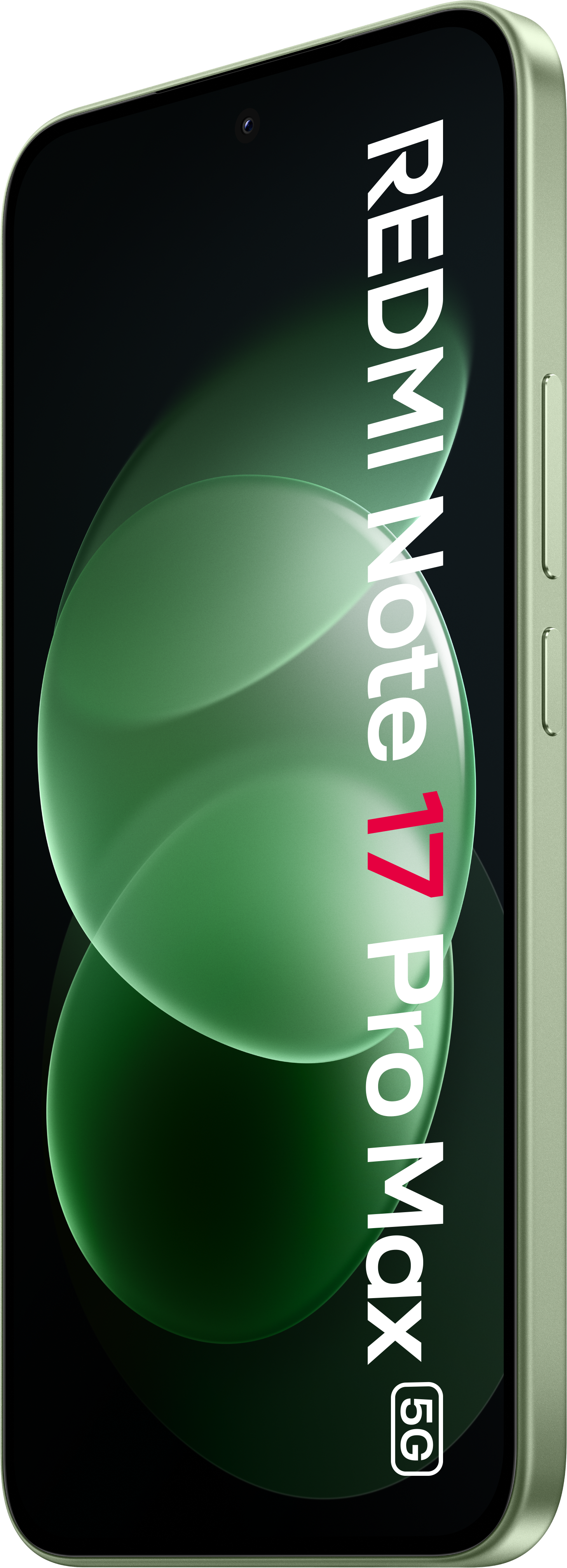 Grünes Redmi Note 17 Pro Max 5G Smartphone mit leuchtendem Display und abstrakten grünen Blasen.