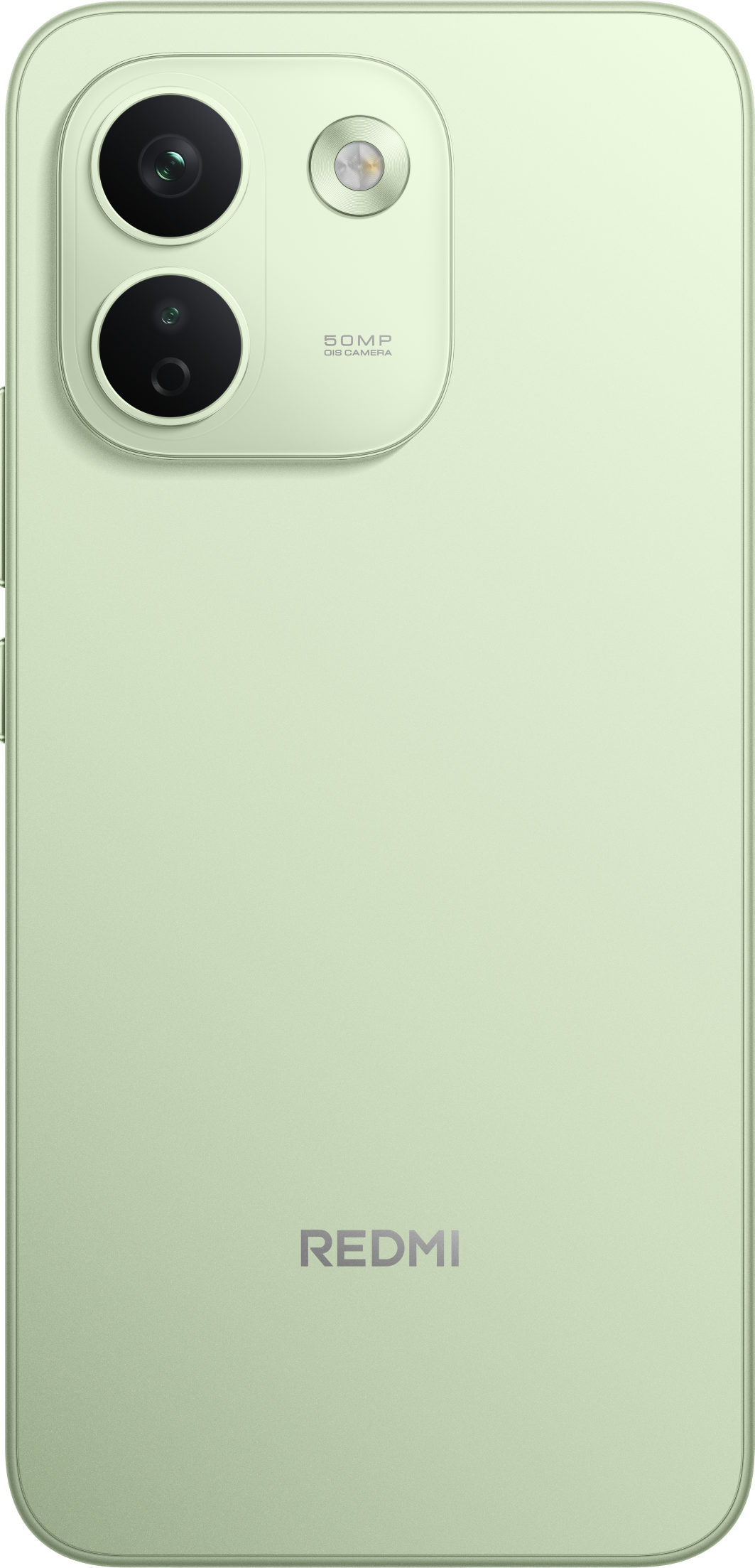 Hellgrüne Rückseite eines Redmi-Smartphones mit Dual-Kameramodul und Markenlogo unten.