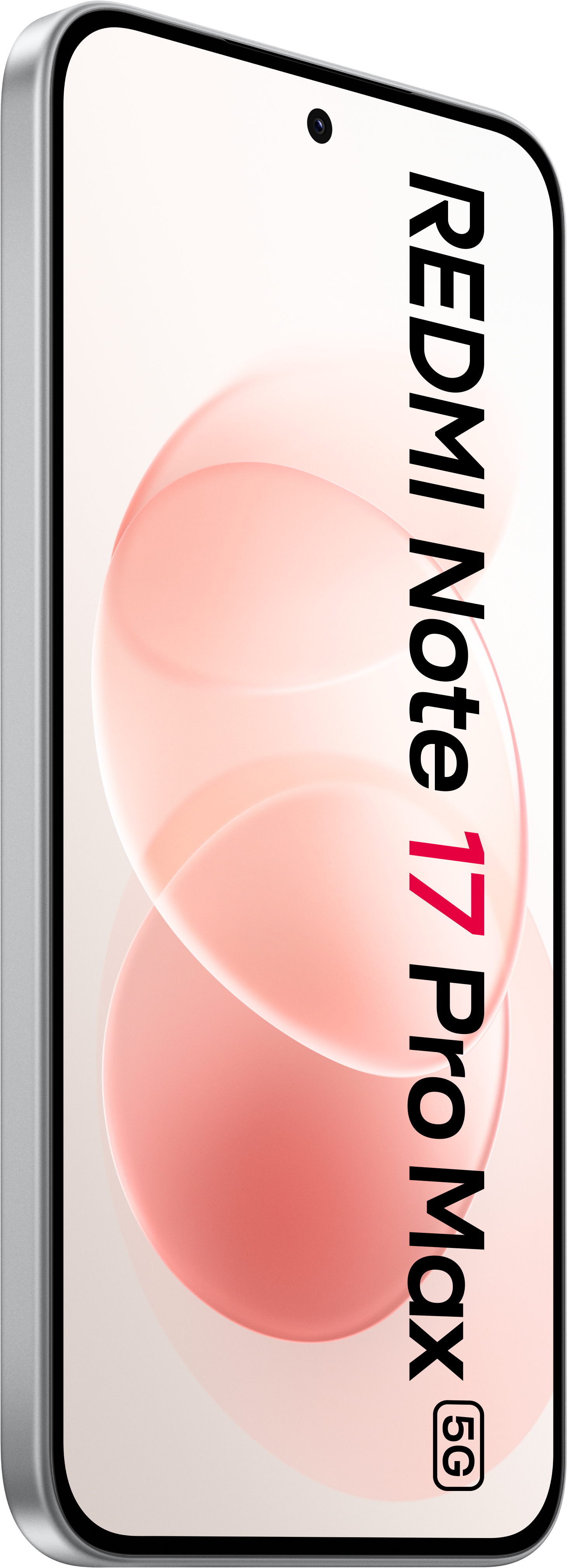 Frontansicht des Redmi Note 17 Pro Max 5G Smartphones mit weißem Hintergrund und rosa Blasen.