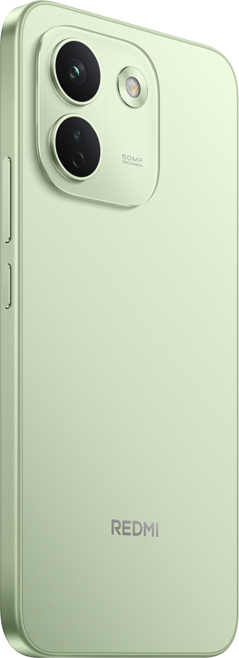 Rückseite eines hellgrünen Redmi-Smartphones mit vertikaler Dual-Kamera und 50MP-Aufschrift.