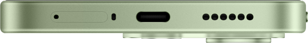 Unterseite eines hellgrünen Smartphones mit SIM-Kartenfach, USB-C-Anschluss und Lautsprecher.